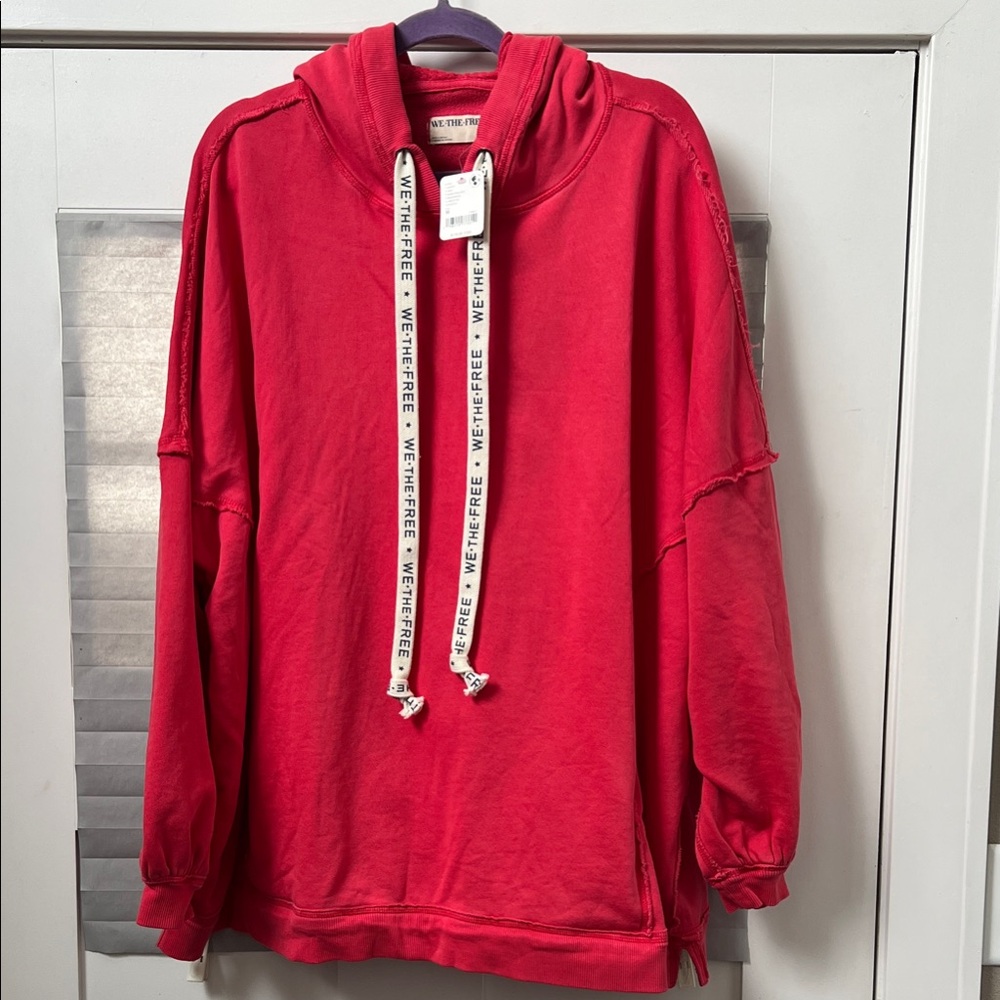 Free People We The Free We Hoodie Red with Graphic Drawstrings NWT Med